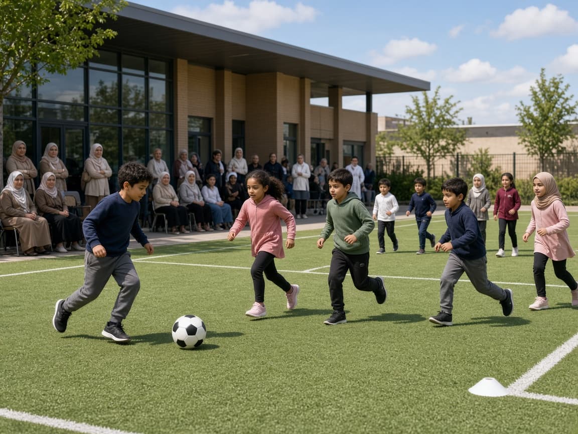 Children playing football and games on a sports day