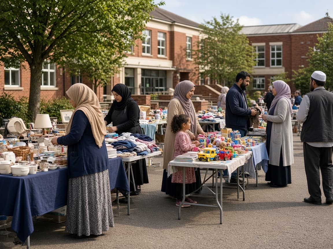 Tables of donated items at a community yard sale outside the centre