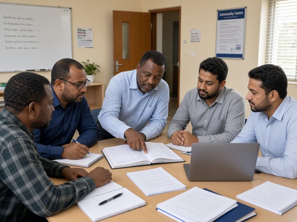 Men learning bookkeeping around a table