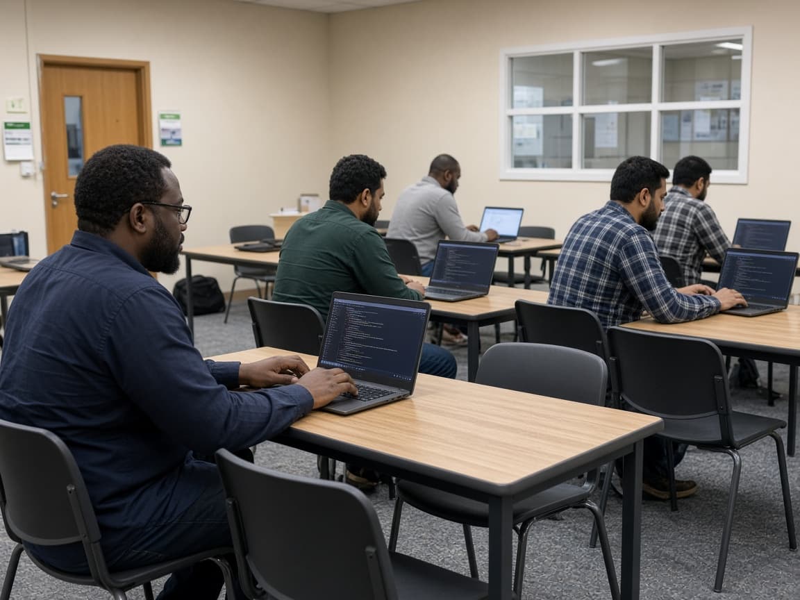 Men learning to code on laptops