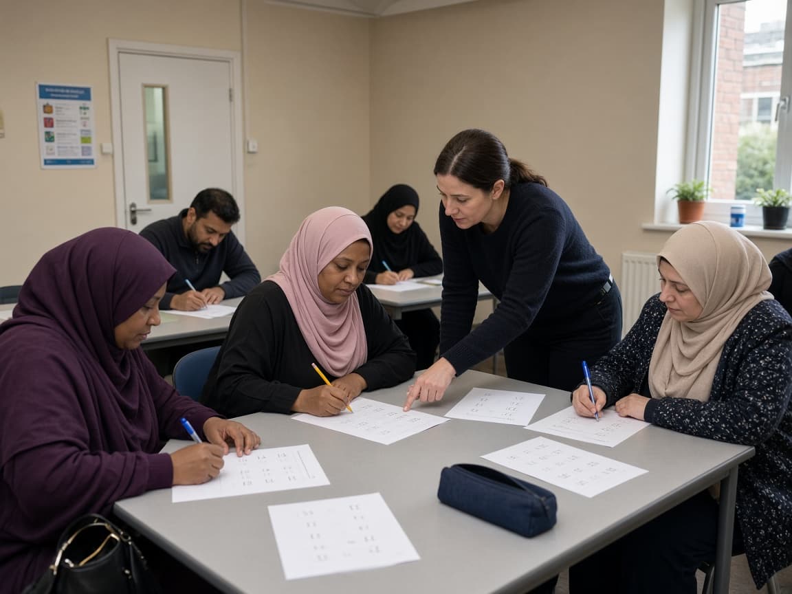 Adults working on maths with a tutor