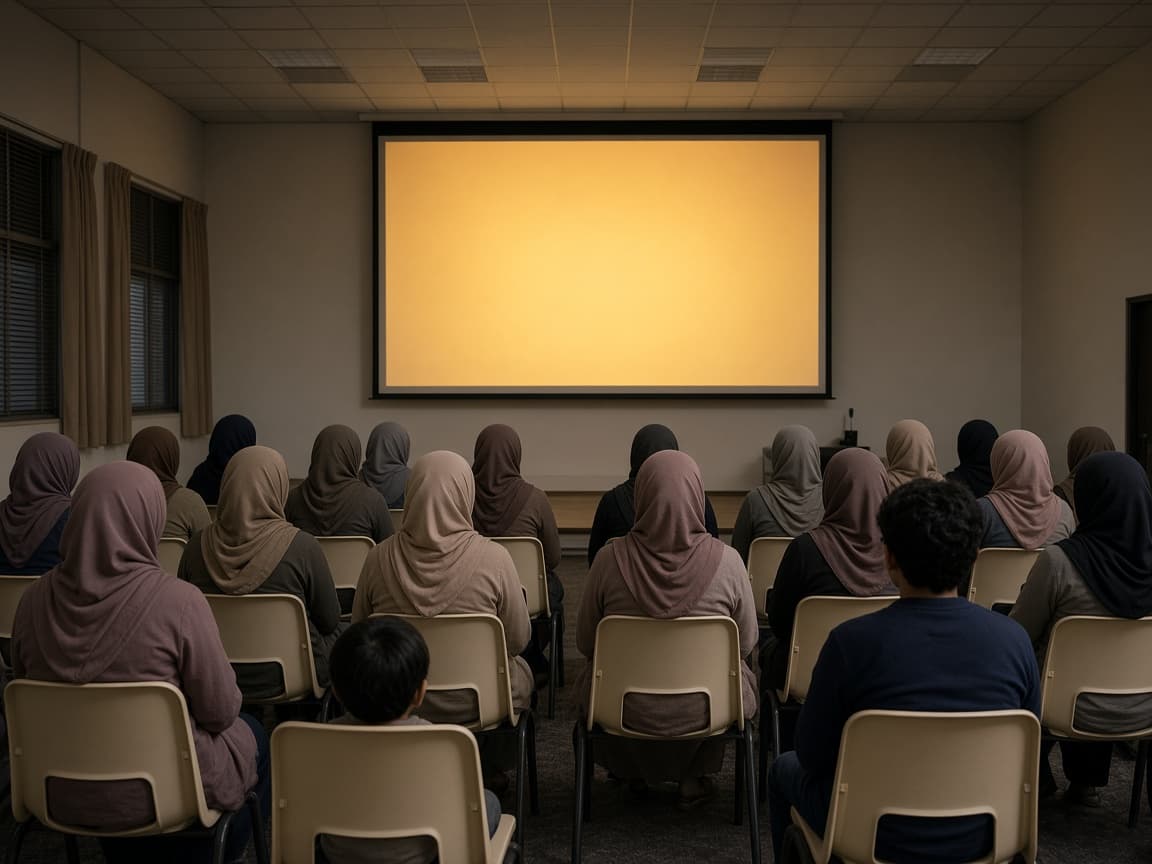Families seated in a hall watching a screen