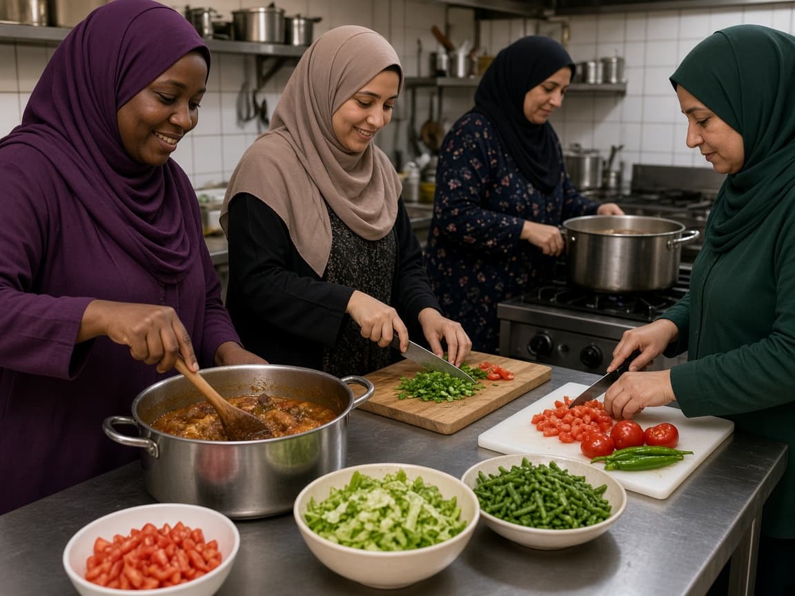 Women in hijab cooking together in a kitchen
