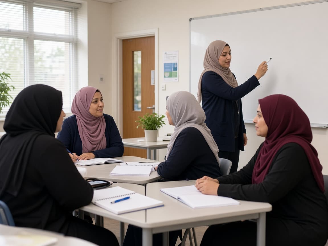 Women in hijab learning together in a classroom
