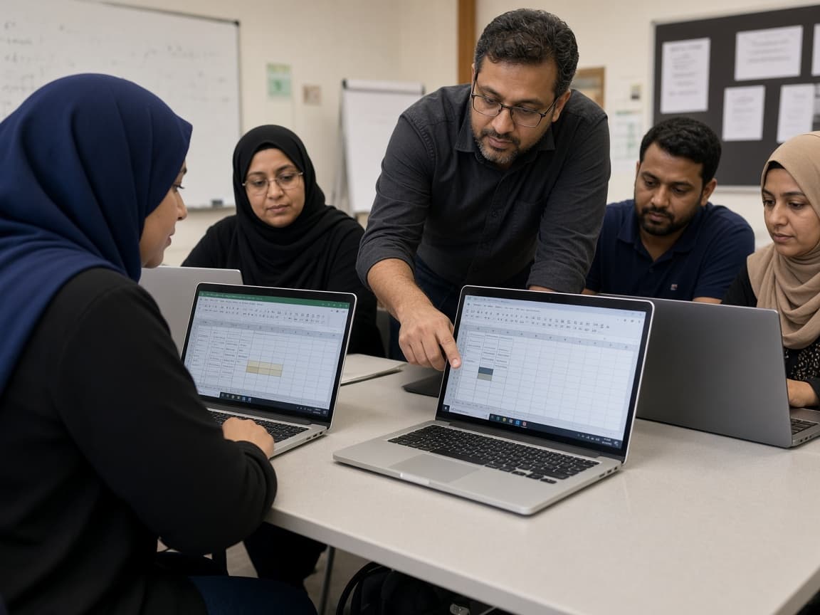 Adults learning spreadsheets on laptops