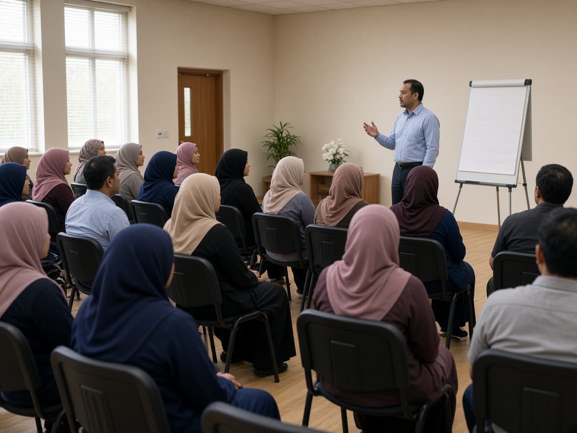 Adults listening to a health talk in a community hall
