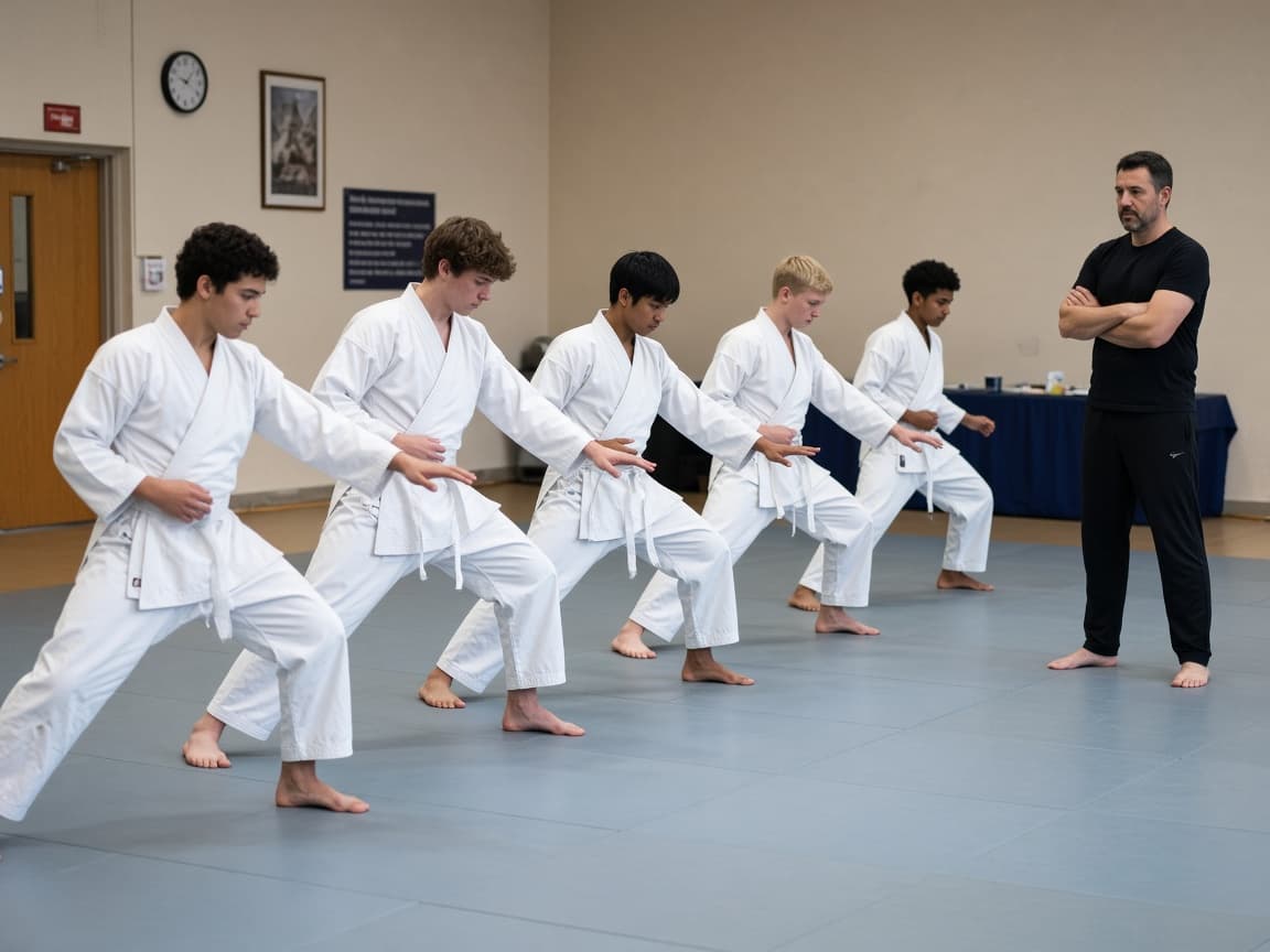 Young people practising karate in a hall