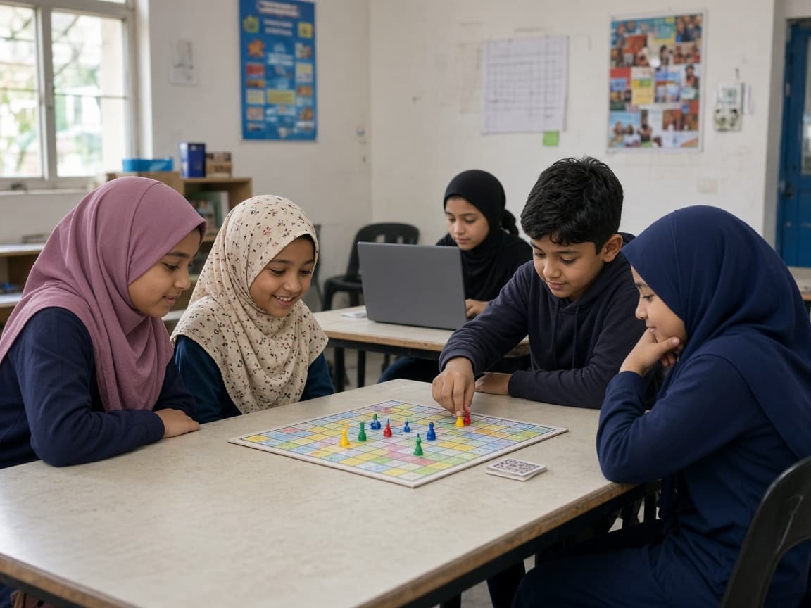 Children playing a board game, with a laptop open beside them