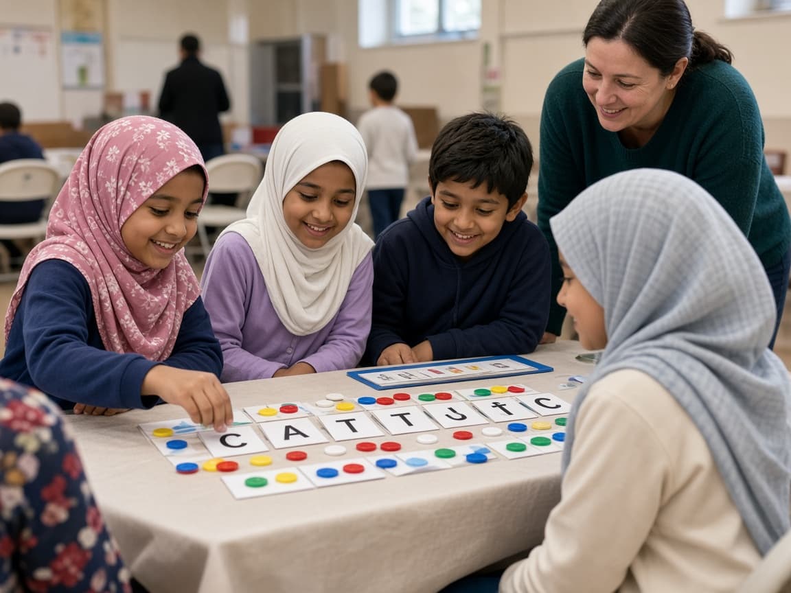 Children playing a literacy game around a table