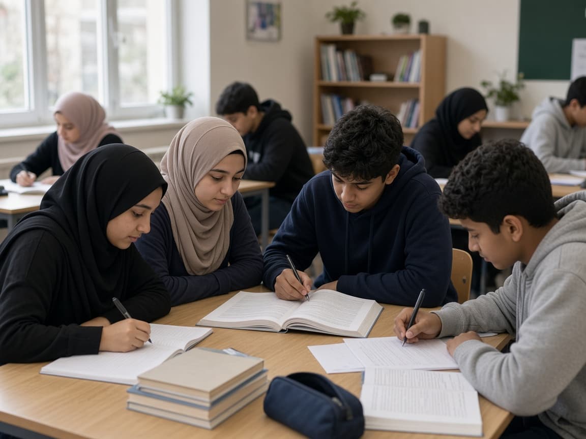 Teenagers reading and writing together in a classroom