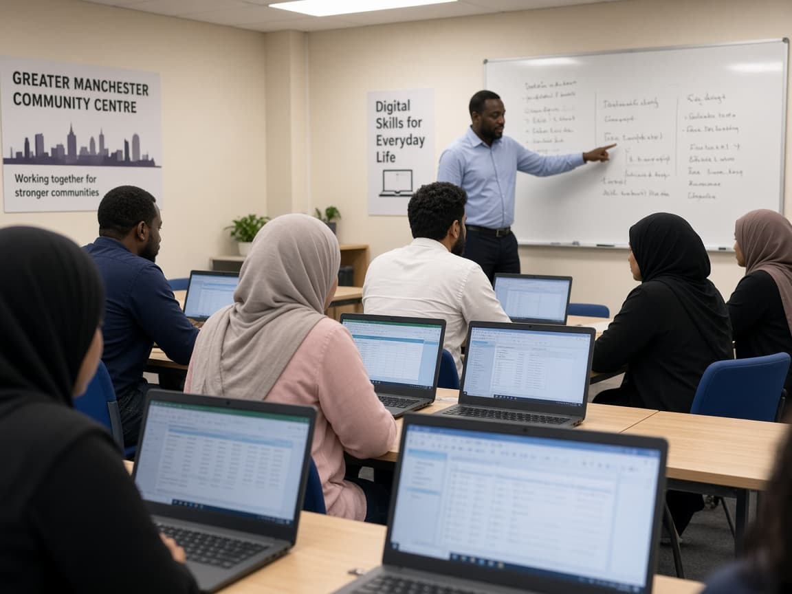 Adults in a classroom learning on laptops