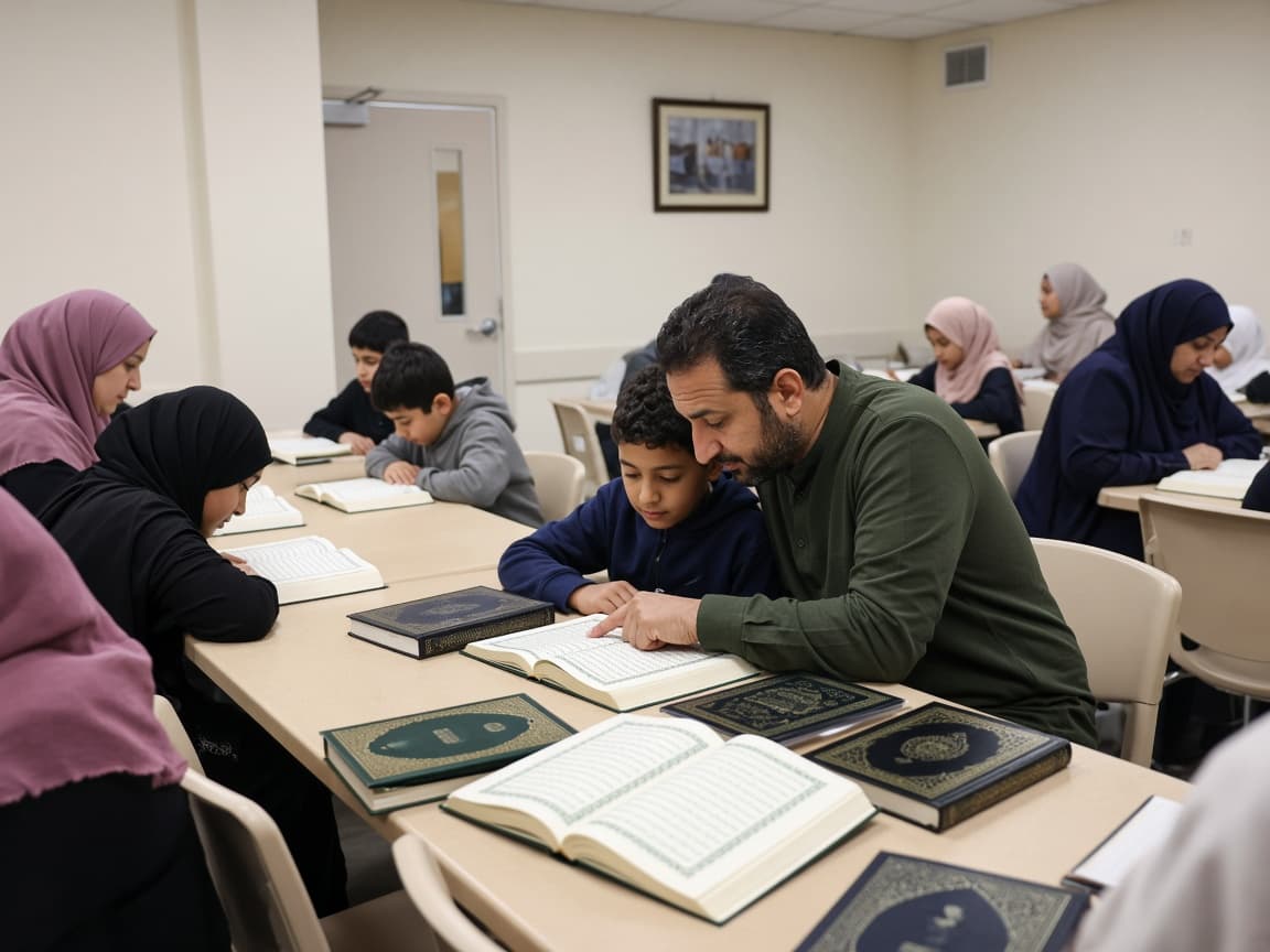 A teacher helping children and adults read from the Quran