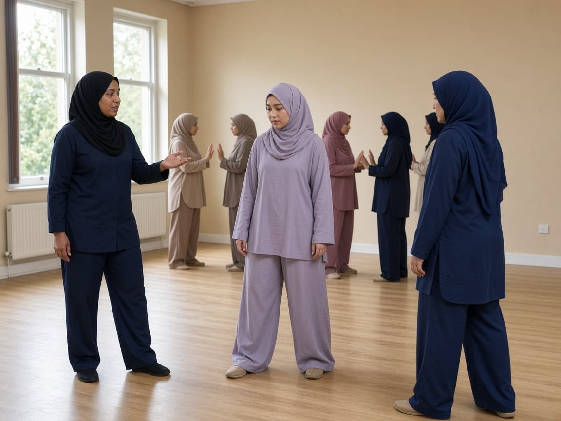 Women in hijab practising self-defence with an instructor