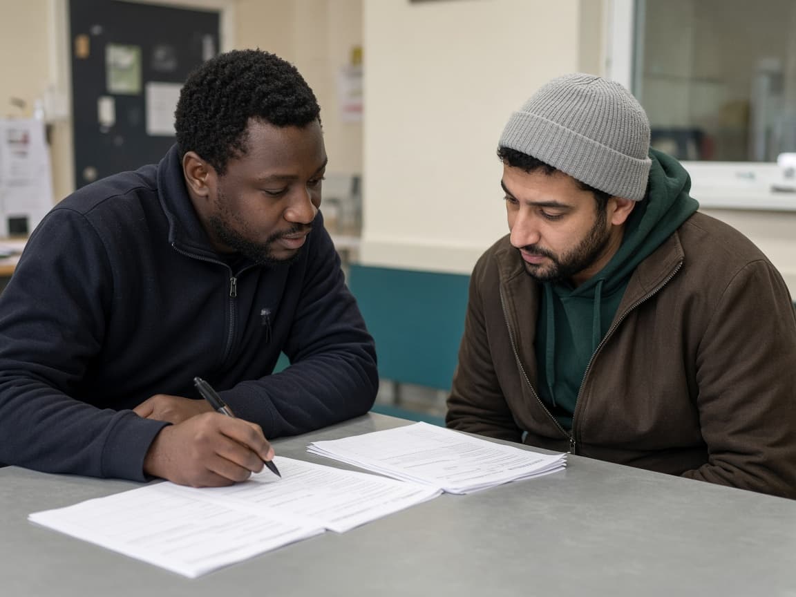 A man helping another man with an application