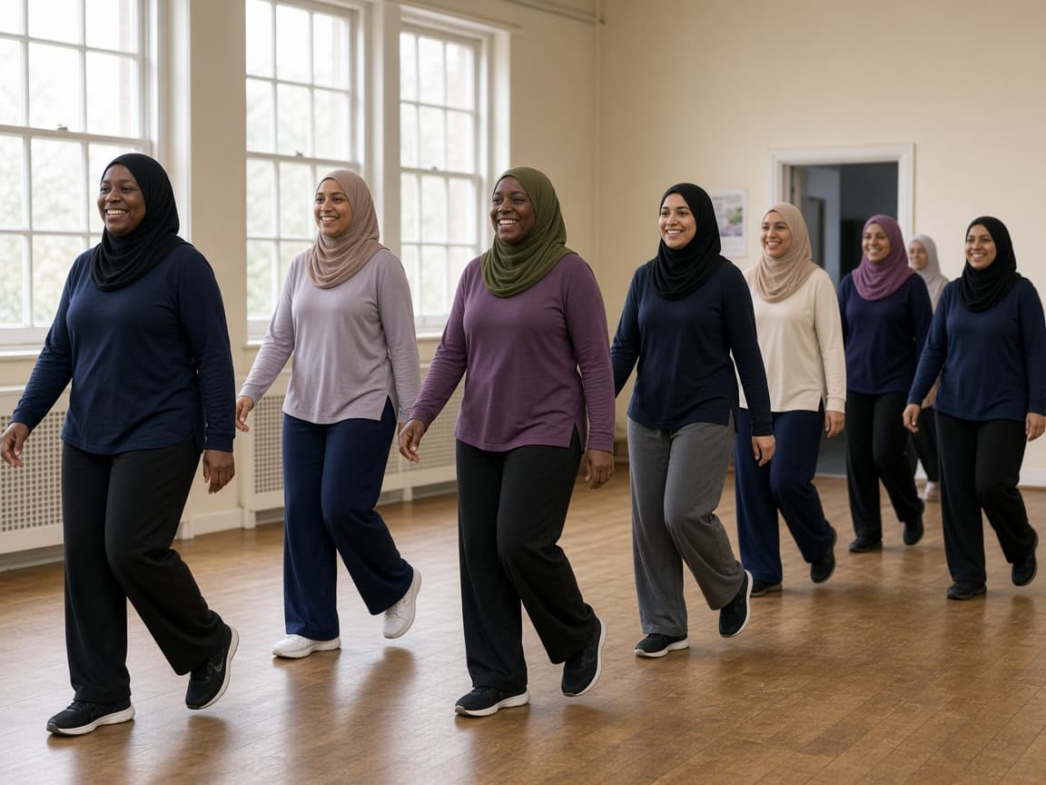 Women in hijab exercising together in a hall