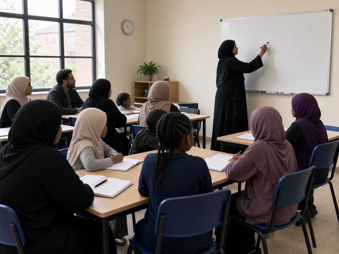 Adults and children in a classroom at the start of term
